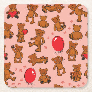 Texture With Teddy Bears, Hearts Square Paper Coaster