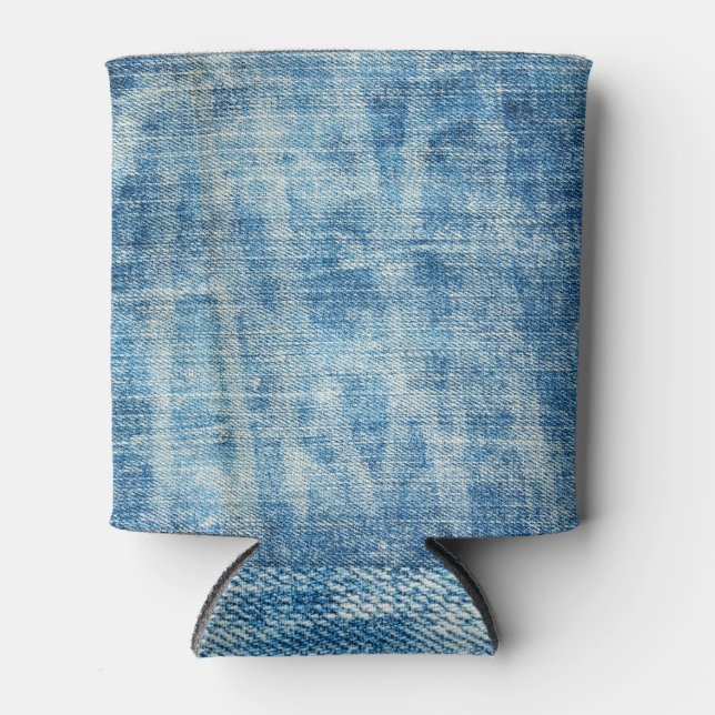 Textured Blue Denim Close-Up Can Cooler (Front)