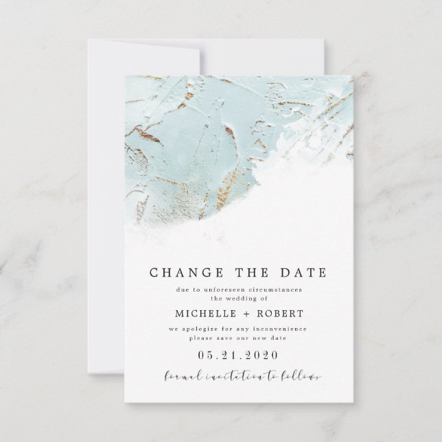 textured blue gold Photo Change The Date Invitation (Front)