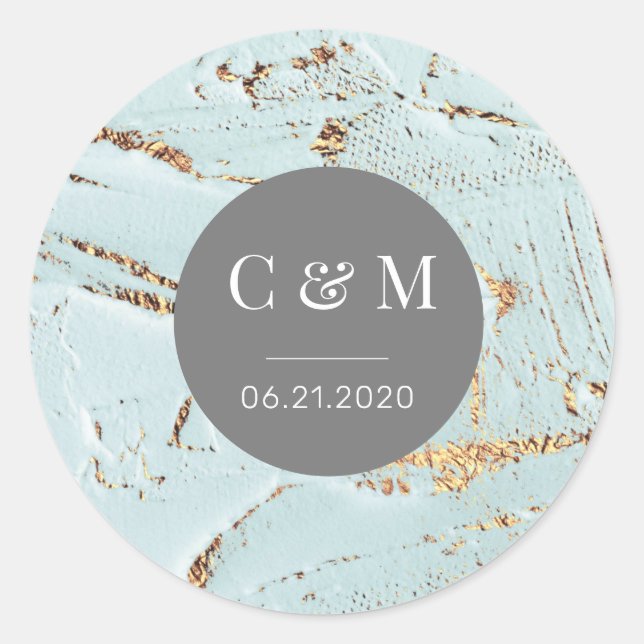 textured blue gold wedding  monogram classic round sticker (Front)