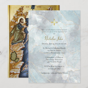 Textured Blue Marble Gold Lines Orthodox Baptism Invitation