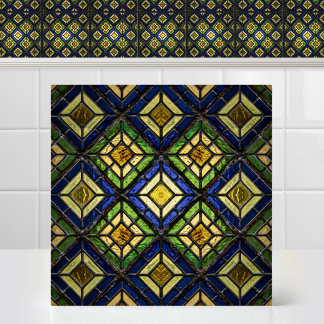Textured Blue Yellow Cathedral Stained Glass Tile