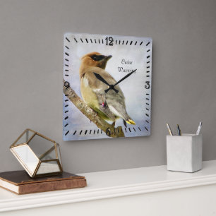 Textured Cedar Waxwing Square Wall Clock