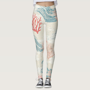 Textured Coral Botanical Branches in Coastal Blue Leggings