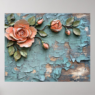Textured Coral Roses on Distressed Teal Wood Poster