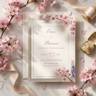 Textured Cream Pink Sakura Botanical Frame Wedding Invitation