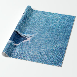 Textured denim background. Torn hole in the fabric Wrapping Paper