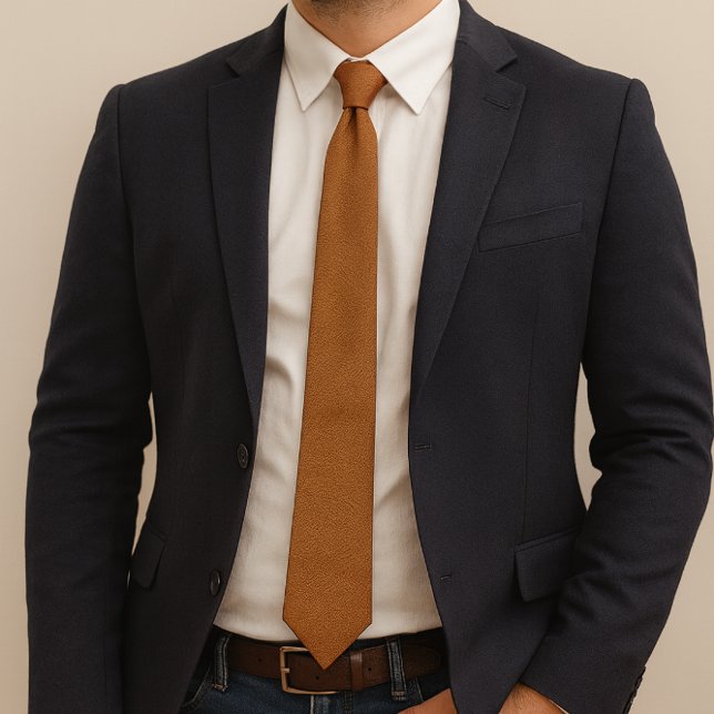 Textured Faux Leather Ginger Neck Tie (Business casual ensemble featuring a ginger-toned leather necktie,  with a navy blazer and jeans)