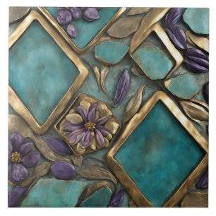 Textured Floral Artwork in Turquoise and Gold Tile
