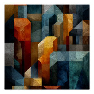 Textured Geometric Abstract Blue Orange Luxury Art Poster