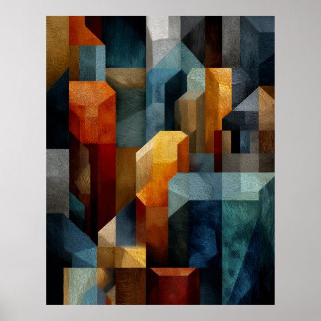 Textured Geometric Abstract Blue Orange Luxury Art Poster (Front)