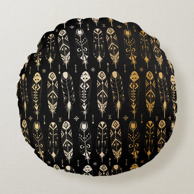 Textured golden feathers in tribal style. Seamless Round Cushion (Front)