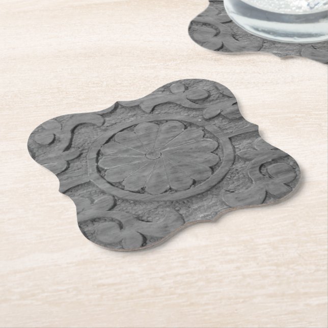 Textured Grey Teak Wood Scroll Design Custom Paper Coaster (Angled)