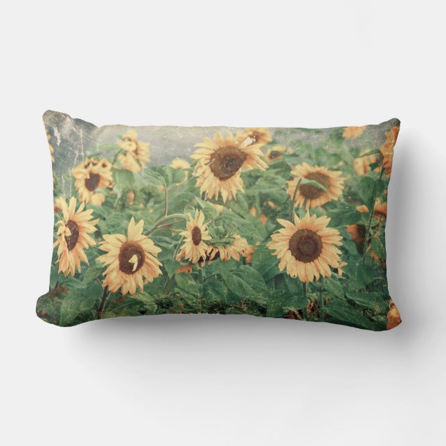 Textured Grunge Field Of Giant Yellow Sunflowers Lumbar Cushion (Front)