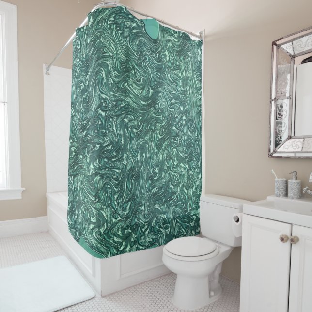 Textured jade and cyanish green shades shower curtain (In Situ)