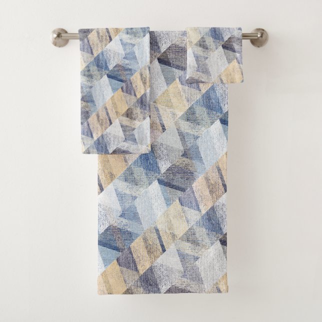 Textured light blue, beige zigzag  bath towel set (Insitu)