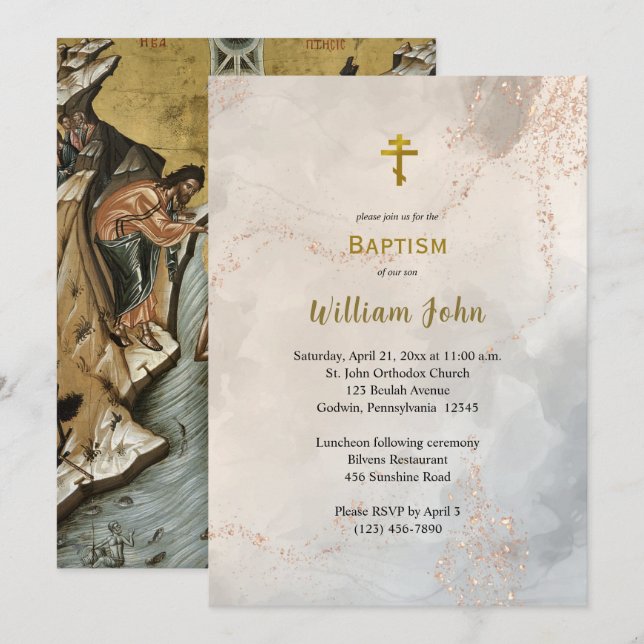 Textured Marble with Faux Gold Glitter Baptism     Invitation (Front/Back)