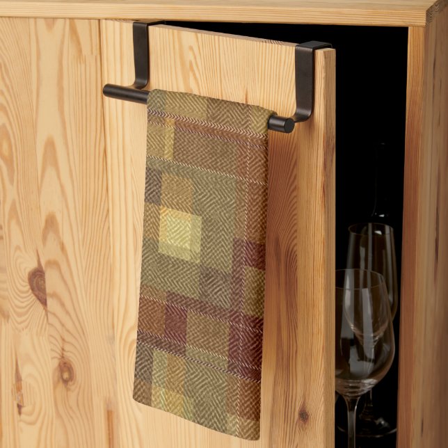 Textured monochrome brown tartan plaid. tea towel (Thirds Fold)