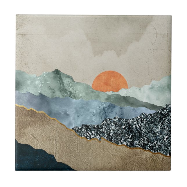 Textured Mountain Layers with Sunset Glow Tile (Front)