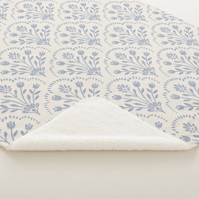 Textured Muted Blue Floral Scallop Pattern Sherpa Blanket (3/4)