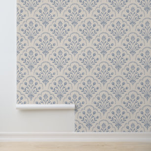 Textured Muted Blue Floral Scallop Pattern Wallpaper