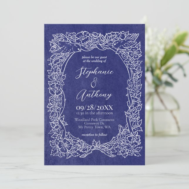 Textured Navy Blue White Wildflower Bird Wedding Invitation (Standing Front)