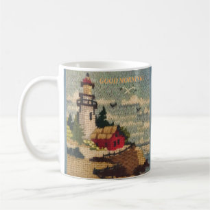 TEXTURED NEEDLEPOINT LIGHTHOUSE PEACEFUL SEASCAPE  COFFEE MUG
