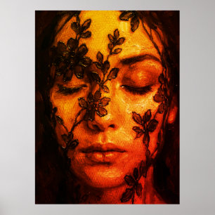 Textured Oil Portrait of a Woman with Floral Lace Poster