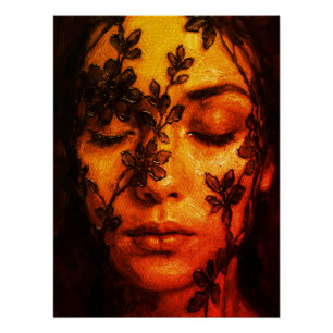 Textured Oil Portrait of a Woman with Floral Lace Poster