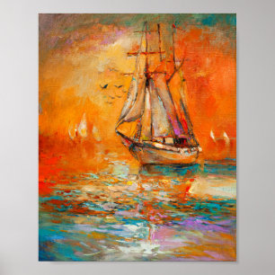 Textured Orange Impressionistic Seascape Painting Poster