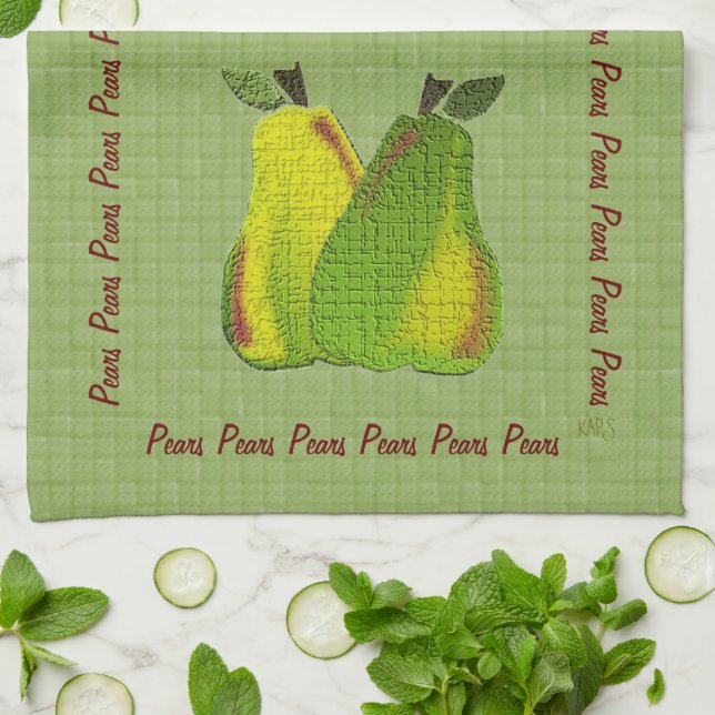 Textured  Pears (tiled green) Tea Towel (Folded)