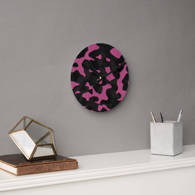  Textured pink and black camo abstract Round Clock (Office)