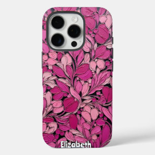 Textured Pink Flowers on Black Vines iPhone 16 Pro Case