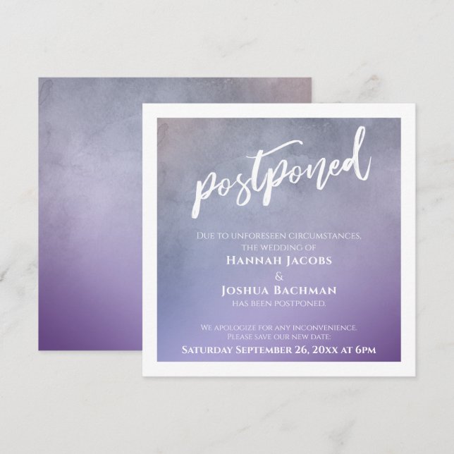 Textured Purple Ombre Postponed Wedding Card (Front/Back)