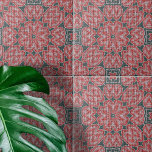 Textured Red White Grey Symmetrical Geometric Tile<br><div class="desc">This is a beautiful ceramic tile that showcases a symphony of design and colour. The tile is adorned with an elaborate pattern of red floral motifs, outlined in white, which stand out against a dark grey textured background. Each flower is intricately designed with detailed patterns within its petals, adding to...</div>
