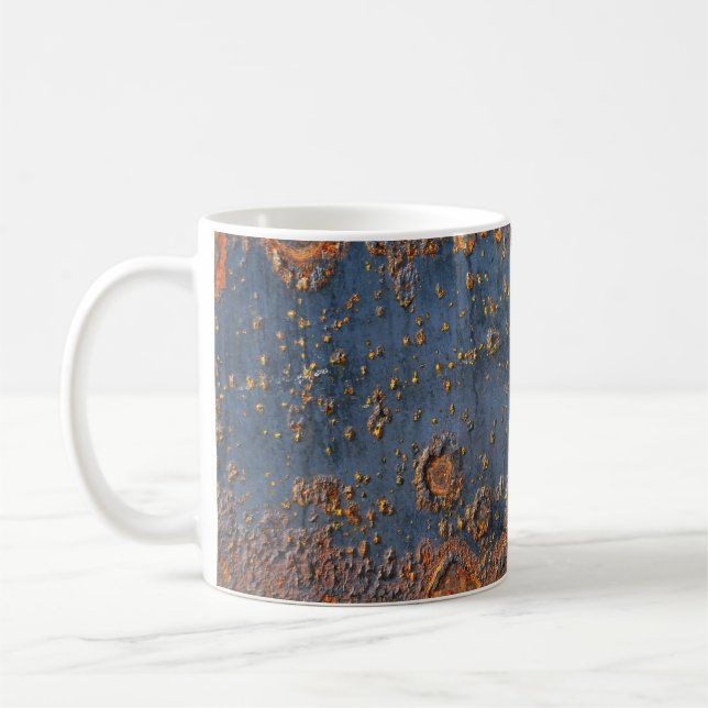 Textured rusted metal background. coffee mug (Left)
