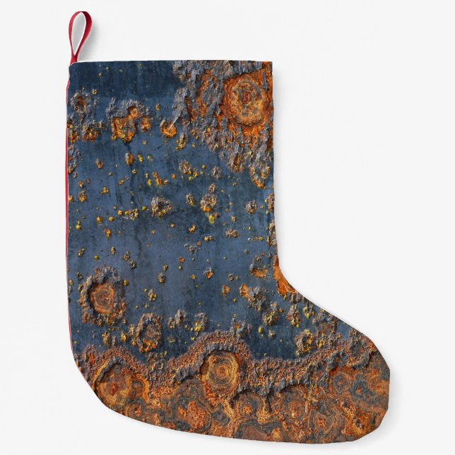 Textured rusted metal background. small christmas stocking (Front)