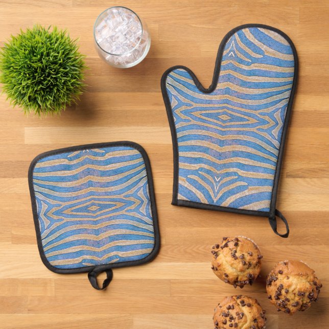 Textured, symmetrical blue and gold zebra pattern oven mitt & pot holder set (Top Down)