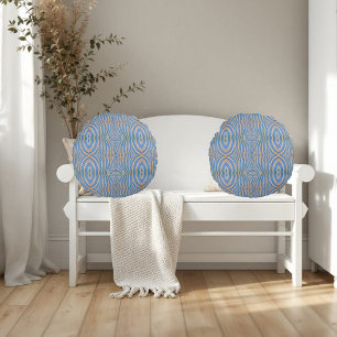 Textured, symmetrical blue and gold zebra pattern round cushion