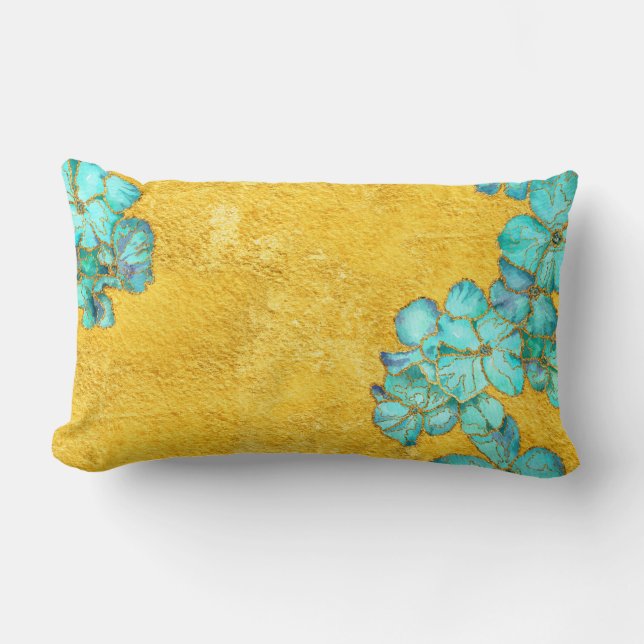 Textured Teal and Golden floral pattern Lumbar Pil Cushion (Front)