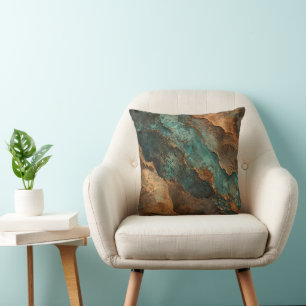 Textured Teal Copper Mineral Abstract Throw Pillow