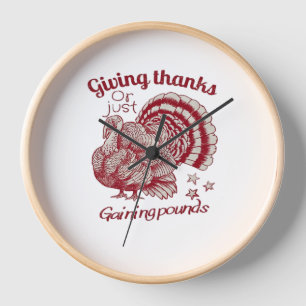 Textured Turkey Drawing in Rich Red Sepia on Pale Clock