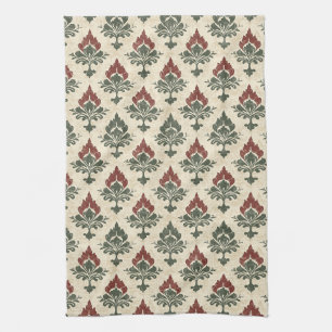 Textured Vintage Damask Red Green Beige Tea Towel