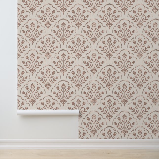 Textured Warm Brown Floral Scallop Pattern Wallpaper (Application)
