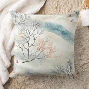 Textured Watercolor Coral in Orange & Slate Blue Cushion