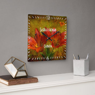 Textured Western Red Prairie Lily Icon Square Wall Clock