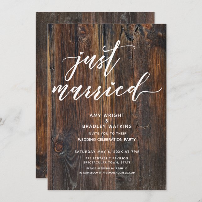 Textured Wood Handwriting Just Married Typography Invitation (Front/Back)