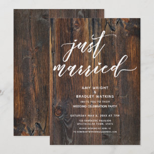 Textured Wood Handwriting Just Married Typography Invitation