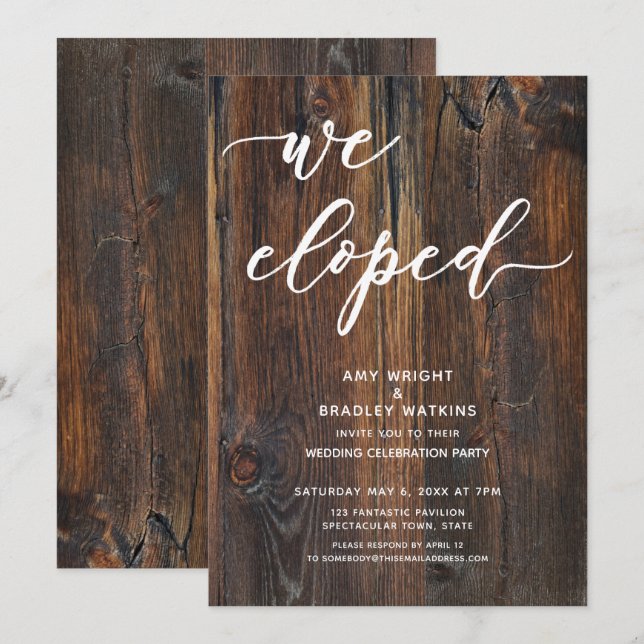 Textured Wood Handwriting We Eloped Typography Invitation (Front/Back)