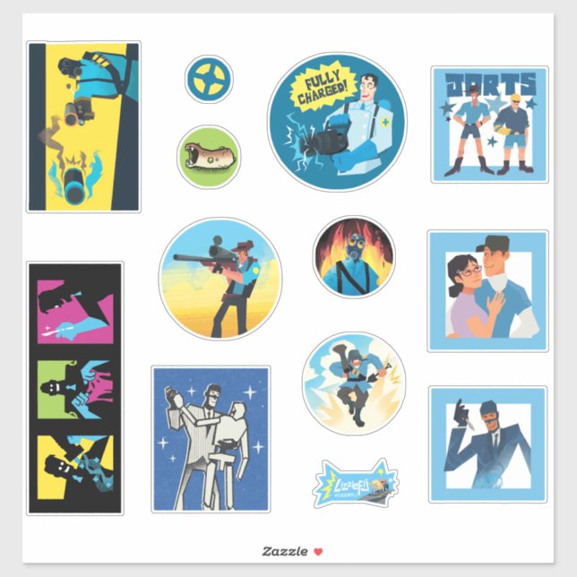 TF2 Blu team mercenaries 12 sticker set (Sheet)